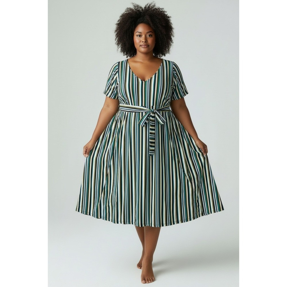 TORRID Women's Plus Size 1 (1X) Striped Tie-Waist Midi Dress Black White Teal